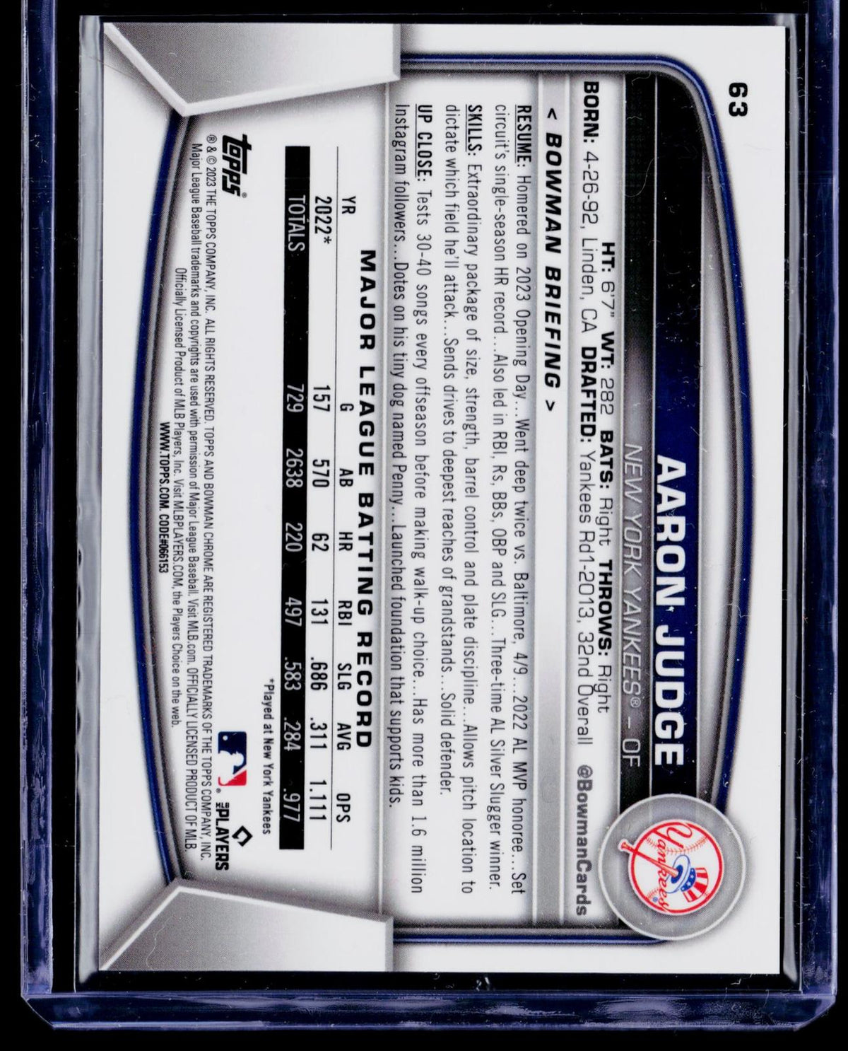 2023 Bowman Chrome #63 Aaron Judge Orange Refractor #/75