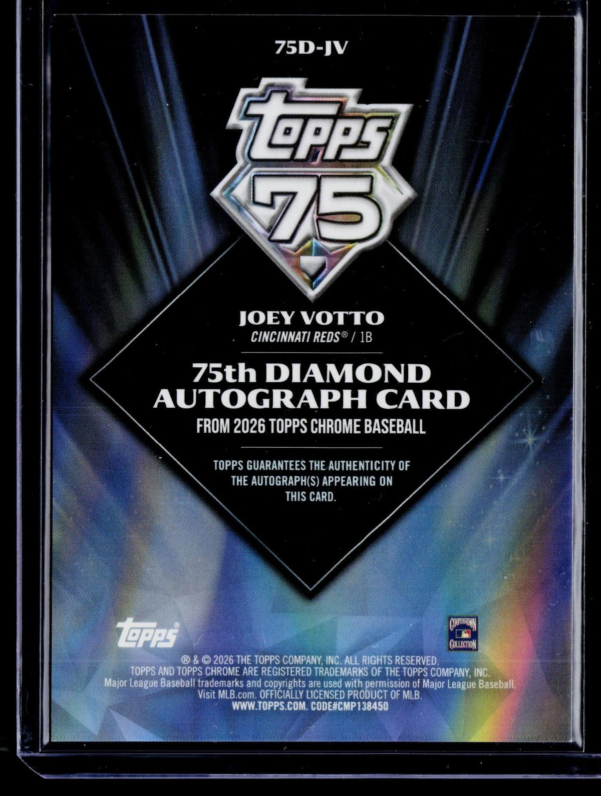 2026 Topps Chrome #75D-JV Joey Votto 75th Diamond Autographs Gold Refractor #/50