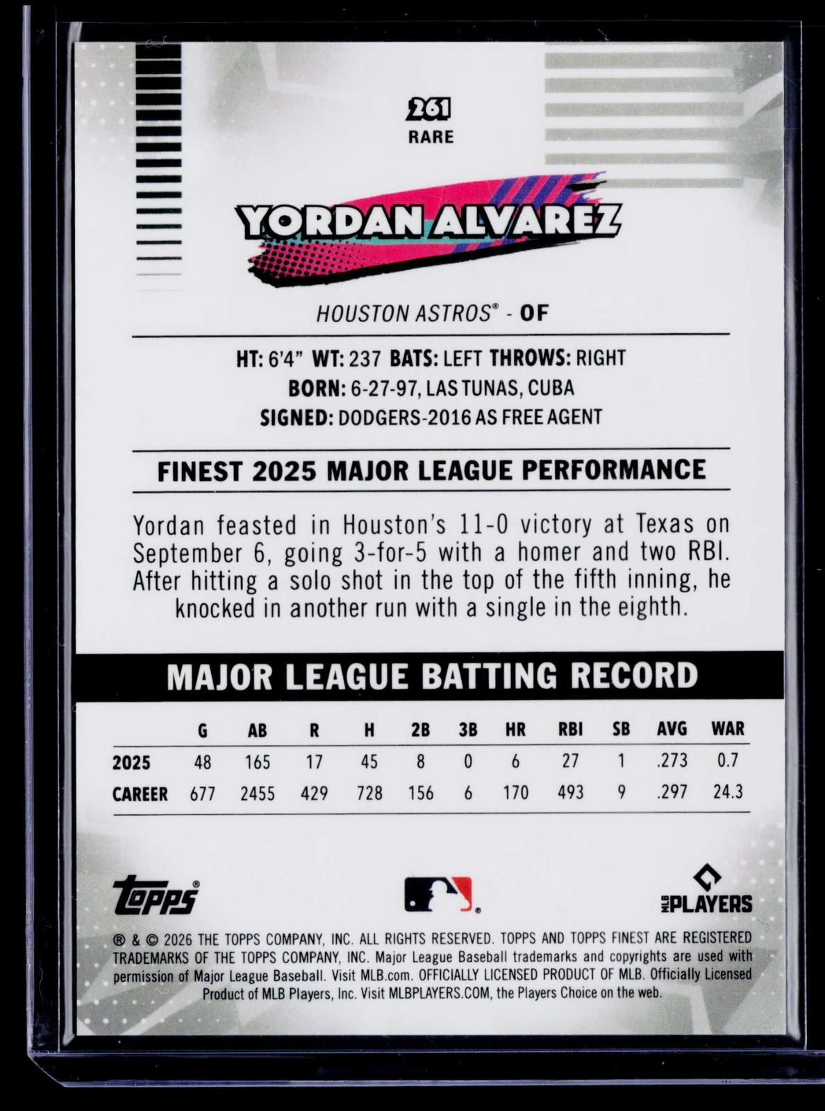 2026 Finest #261 Yordan Alvarez Black Mini-Diamond Refractor #/10