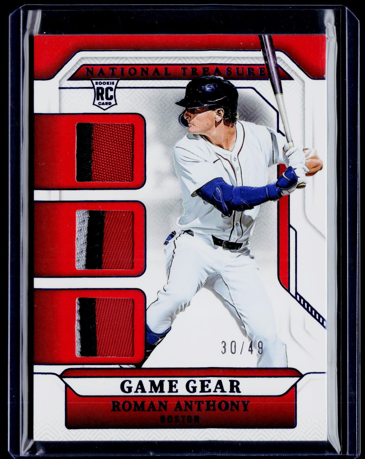 2025 Panini National Treasures #GG-RA Roman Anthony Game Gear Swatches Trio #/49