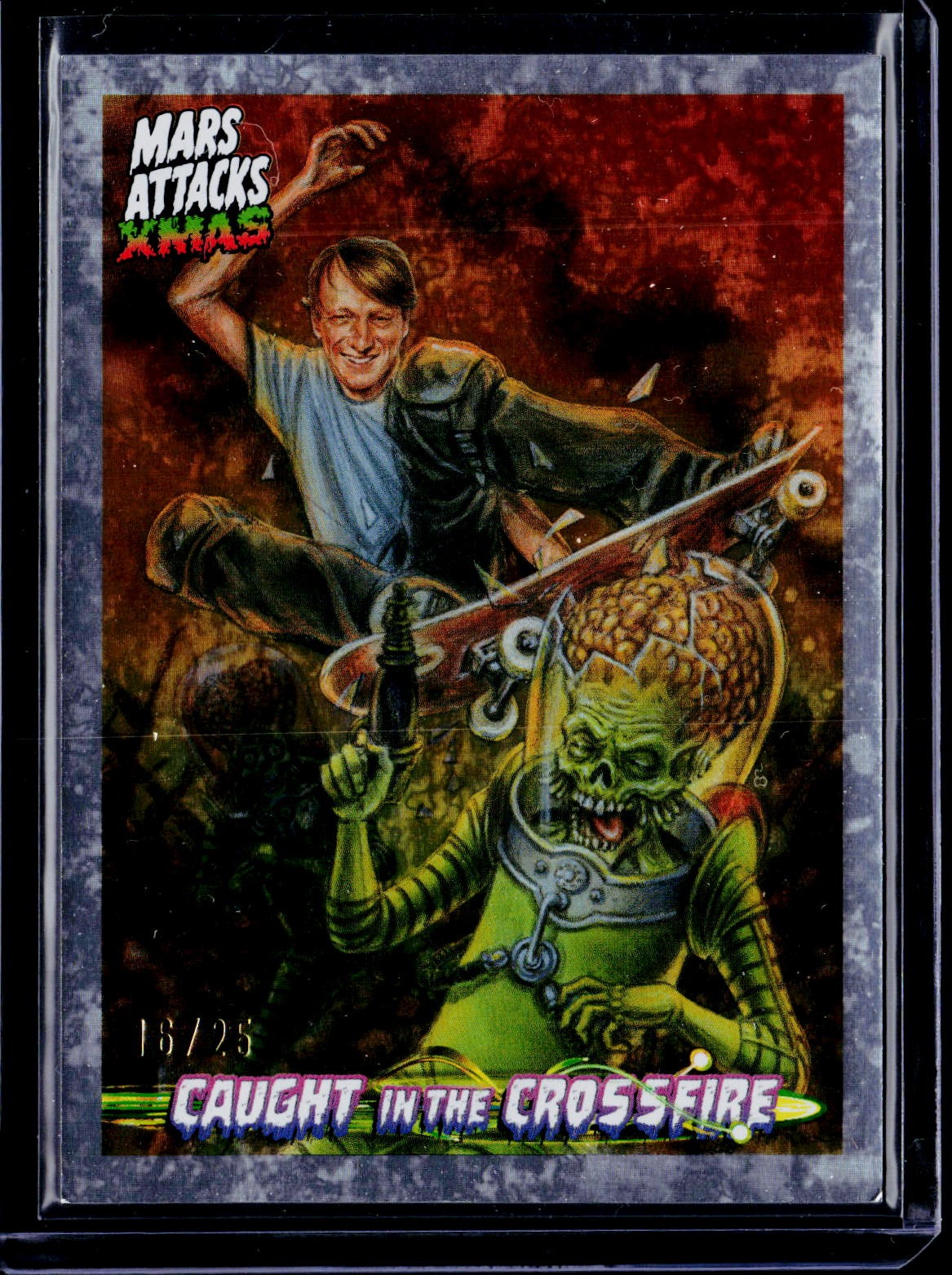 2026 Topps Mars Attacks Xmas #CCTH Tony Hawk Caught in the Crossfire Cooper #/25