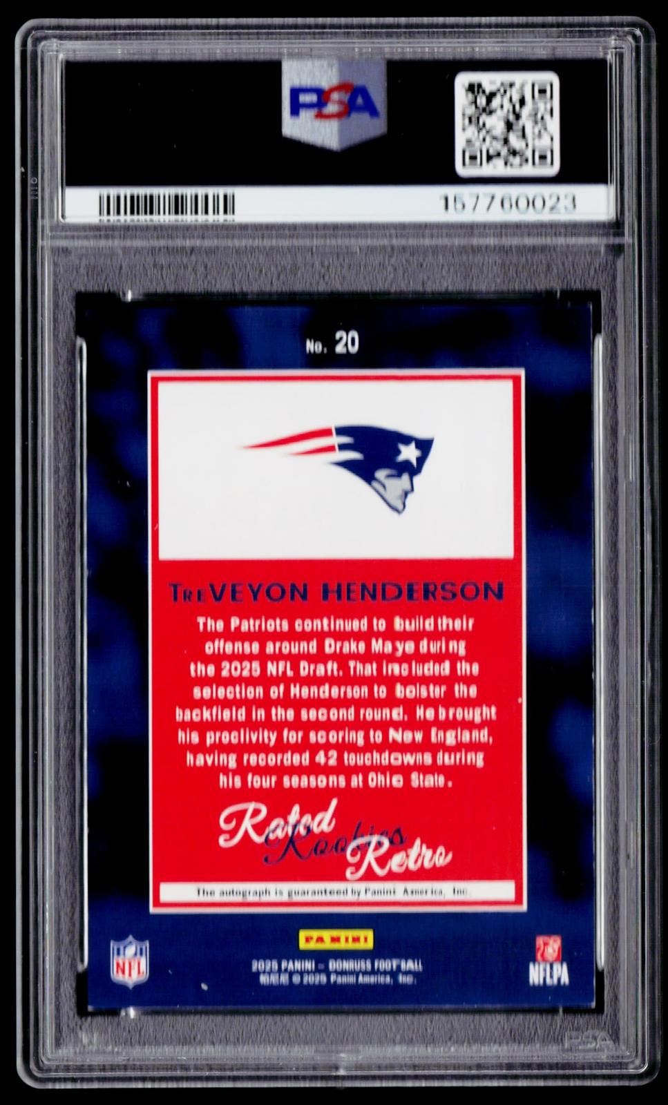 2025 Donruss #20 TreVeyon Henderson Rated Rookies Retro PSA 7 Auto 10 #/99